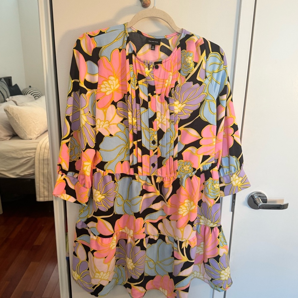 WeWoreWhat Black Floral Midi Dress with Pink, Blue & Purple Blooms